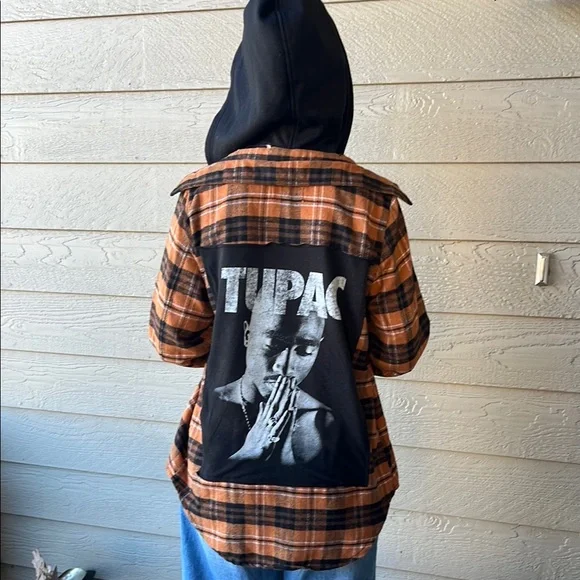Tupac Shakur Upcycled Flannel Shirt with Hood Size Medium M Handmade - Picture 2 of 5